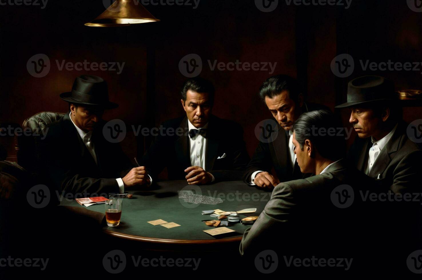 AI generated A smoky, dimly lit backroom scene where sharply dressed gangsters are engaged in a poker game. photo