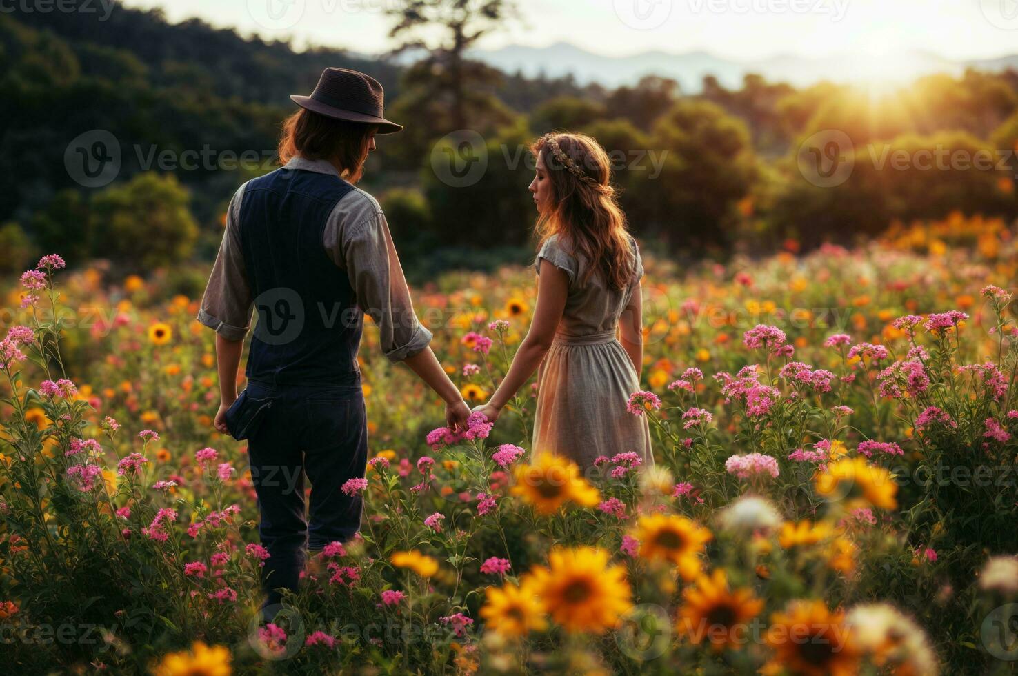 AI generated A loving couple holding hands and looking at each other while standing in a field of wildflowers photo