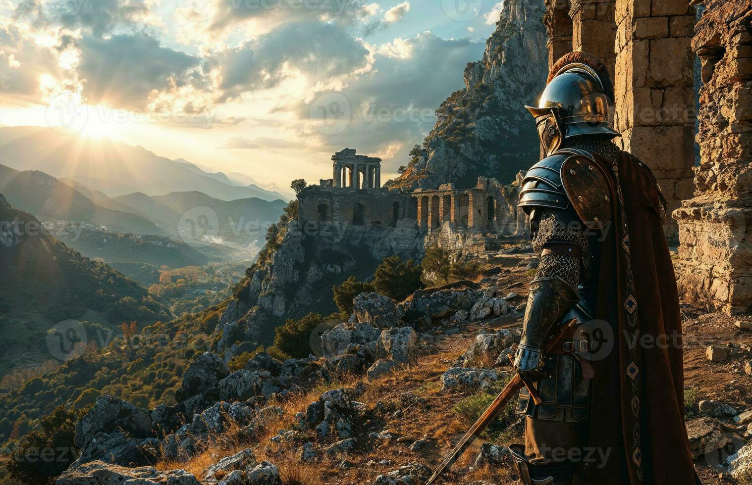 AI generated A armored Roman gladiator overlooking ancient Rome earth. Holding a sword and shield. photo