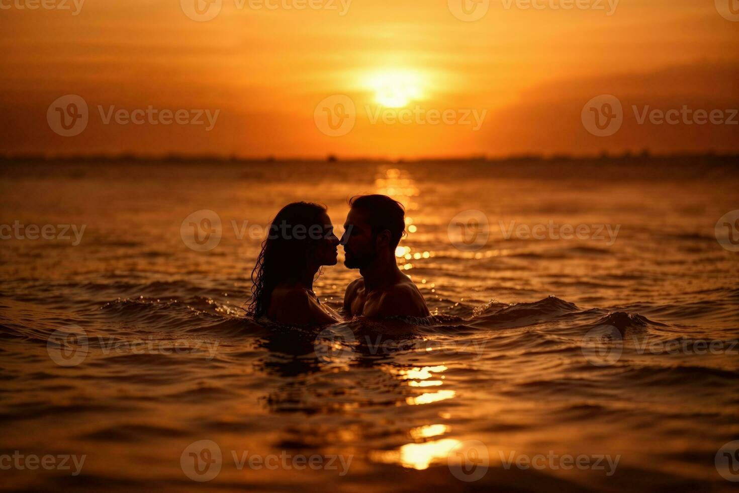 AI generated A sillette loving couple enjoying a intimate swim at sunset. photo