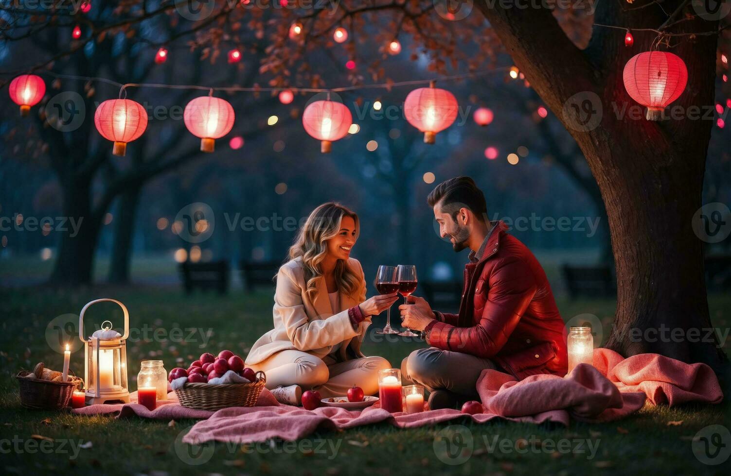 AI generated Whimsical of a Valentine's Day picnic setup, with a heart-patterned blanket, a basket of red and pink delicacies, and a couple enjoying a glass of wine under a tree adorned with lanterns photo