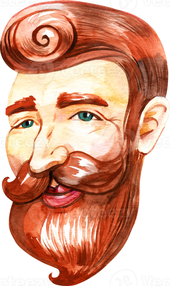 Hand-drawn watercolor smiling Irish man with a red beard png