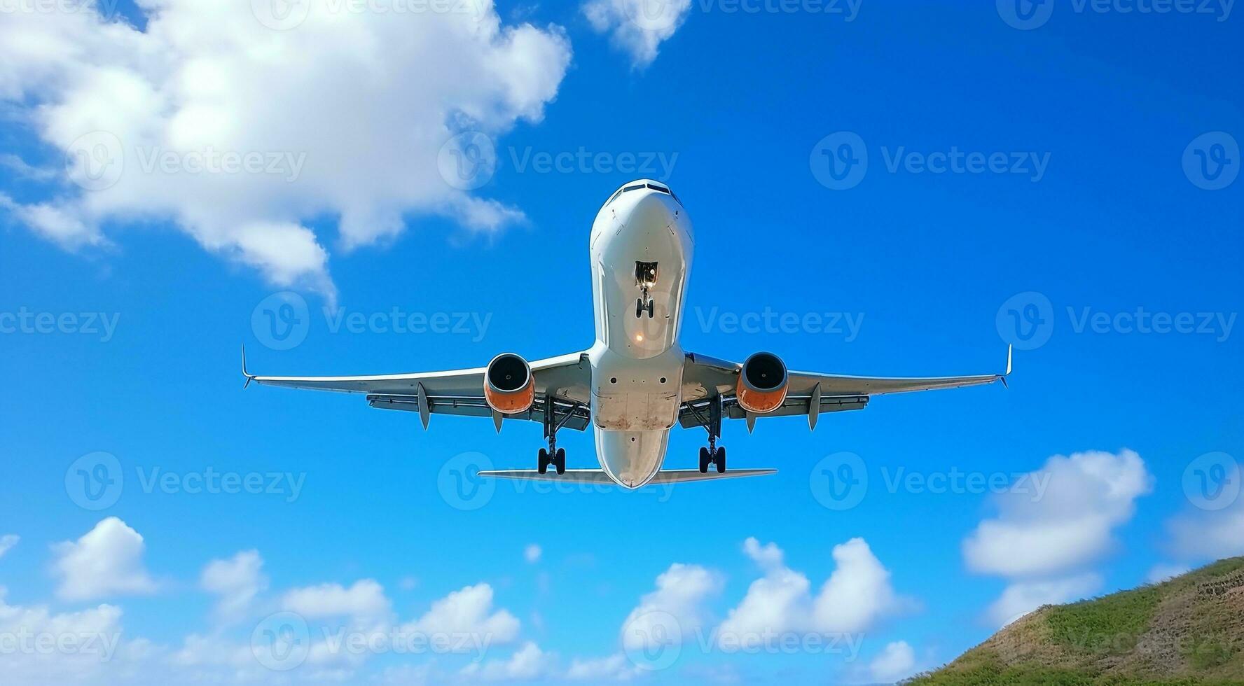 ai generado avión en el azul cielo, avión en el cielo, volador avión en el aire, de cerca de un avión foto