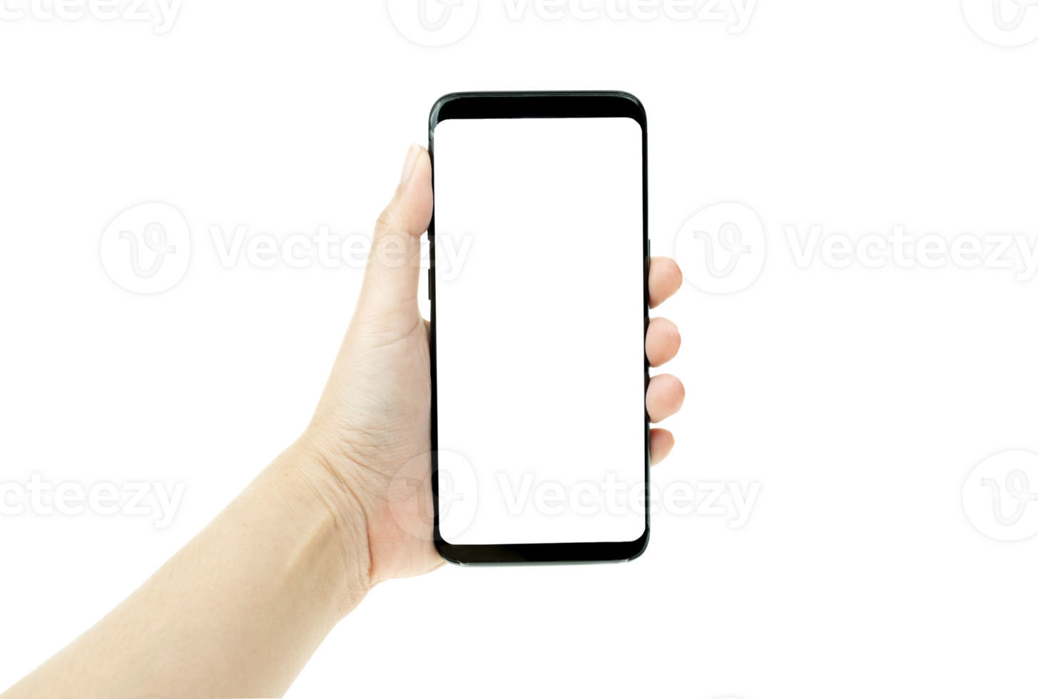 Hand woman holding a black mobile phone with a white screen in the background, smartphone blank screen png