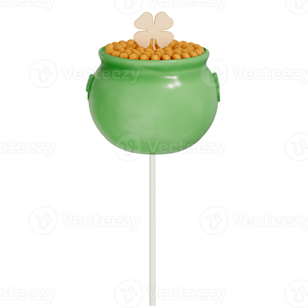 St. Patrick's day dessert Chocolate Mint pot of gold cake pop with shamrock on transparent background, 3D Rendering png