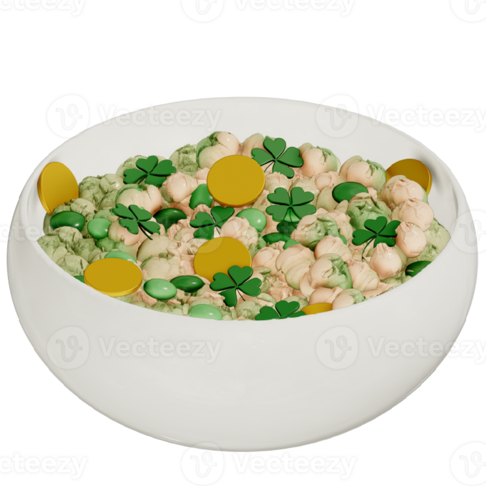 St. Patrick's day dessert Caramel Popcorn with shamrock and chocolate gold on transparent background, 3D Rendering png