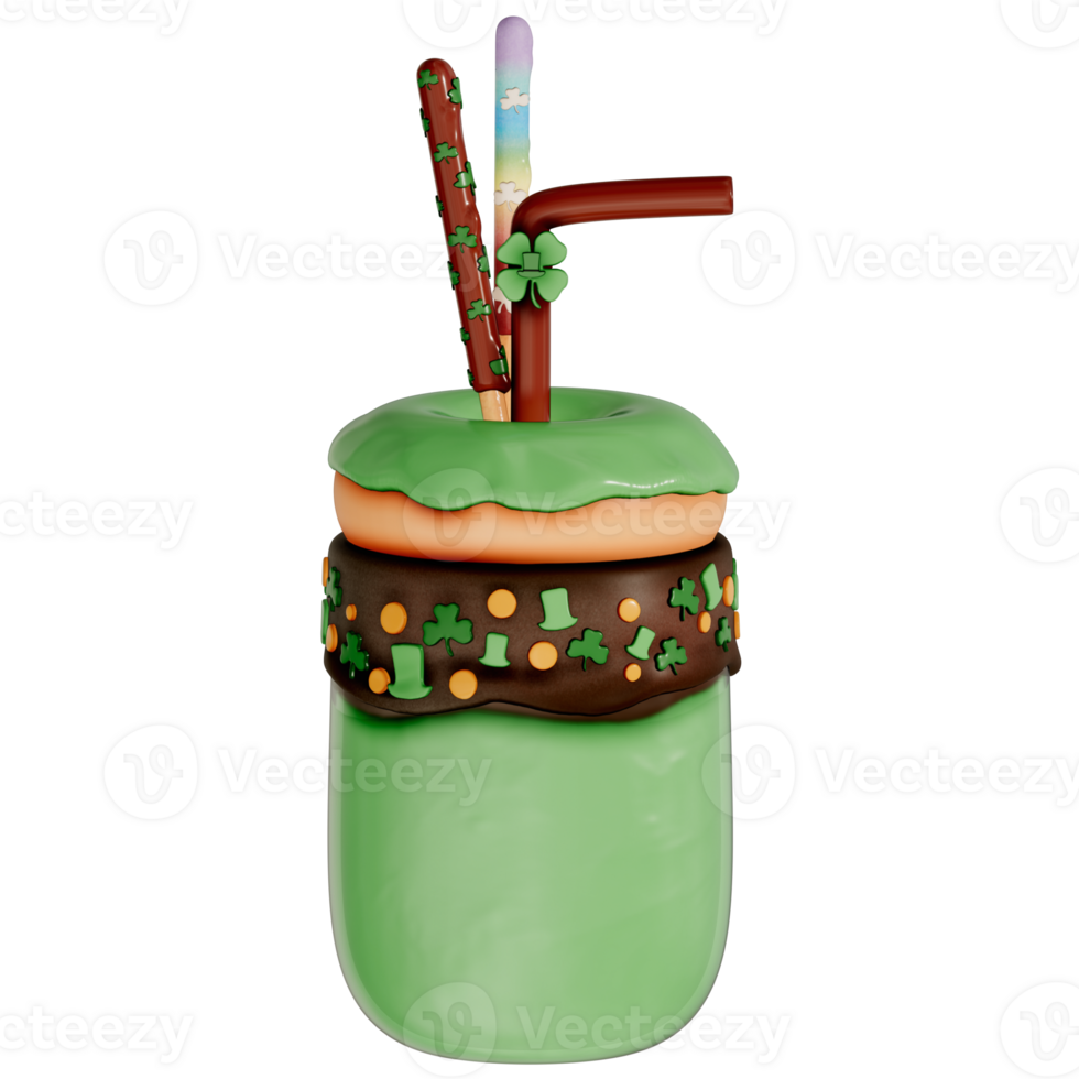 St. Patrick's day dessert Mint Chocolate Chip Milkshake with donut and biscuit sticks on transparent background, 3D Rendering png