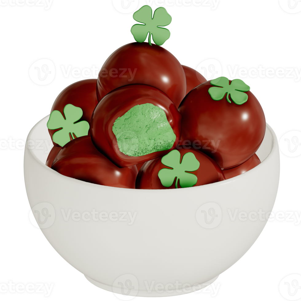 St. Patrick's day dessert Chocolate Mint Truffles with shamrock on transparent background, 3D Rendering png