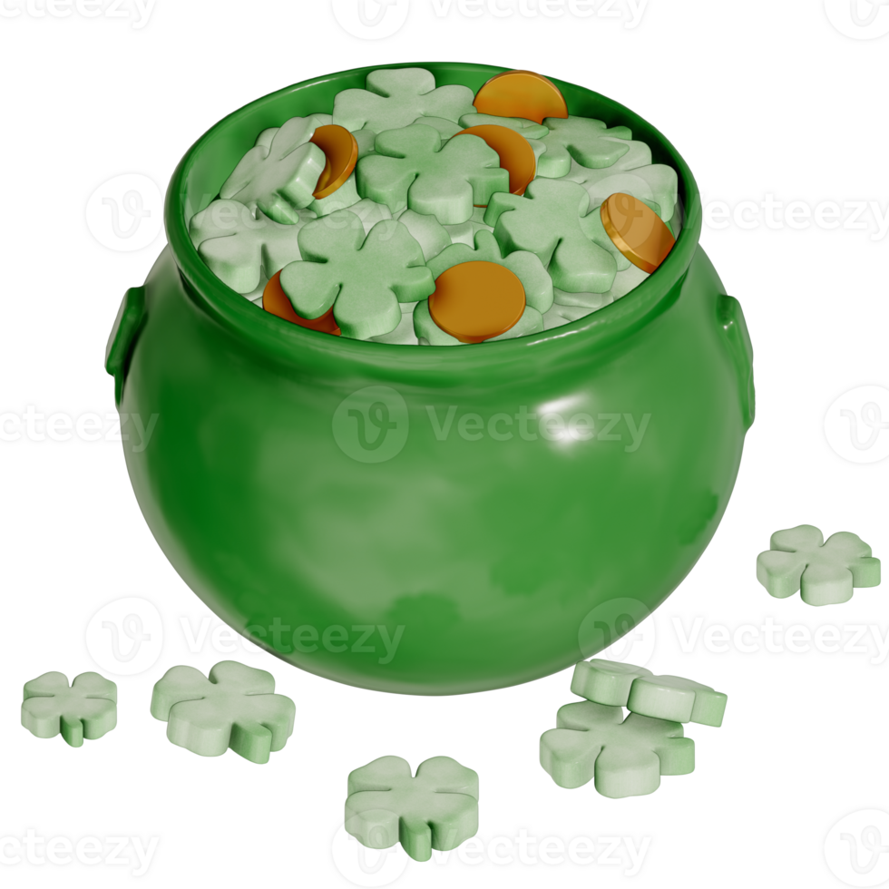 St. Patrick's day dessert Pot of gold cake with Shamrock Jello Gummies on transparent background, 3D Rendering png