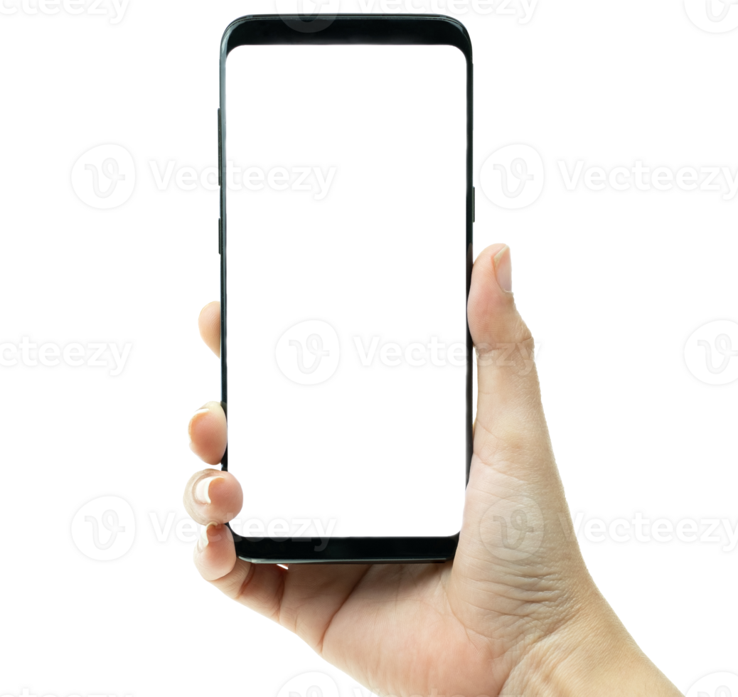 Hand woman holding a black mobile phone with a white screen in the background, smartphone blank screen png