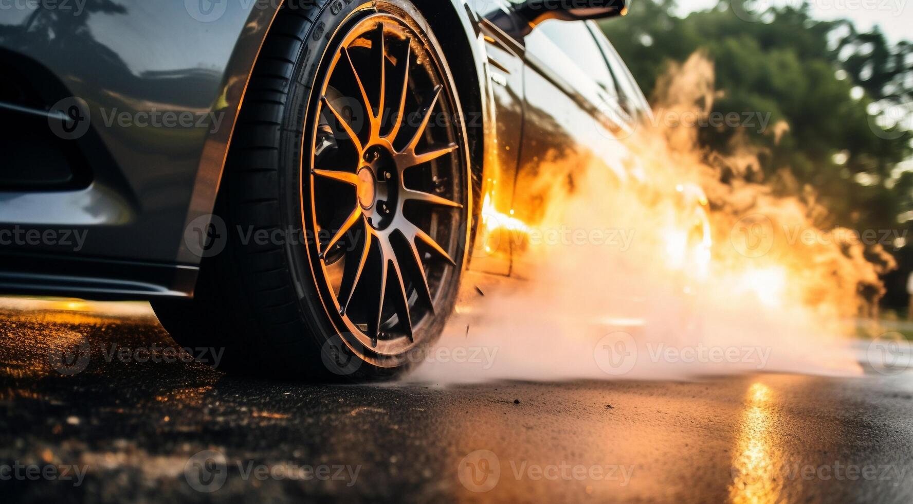 ai generado coche conducción en el camino, de cerca de un Deportes coche haciendo agotamiento en el calle, coche haciendo agotamiento, de cerca de coche foto