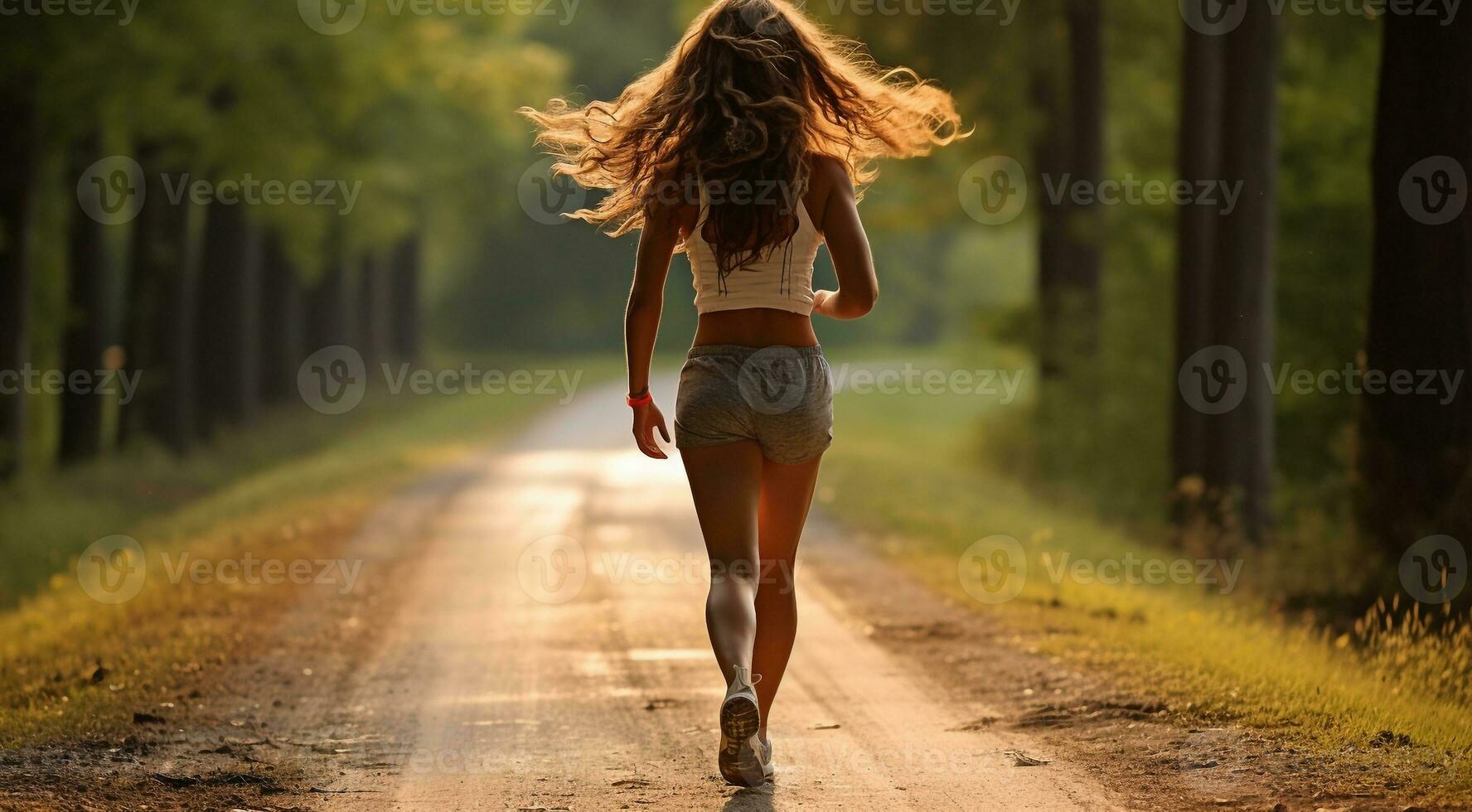 ai generado bonito niña corriendo en naturaleza, Deportes niña correr, joven mujer es corriendo foto