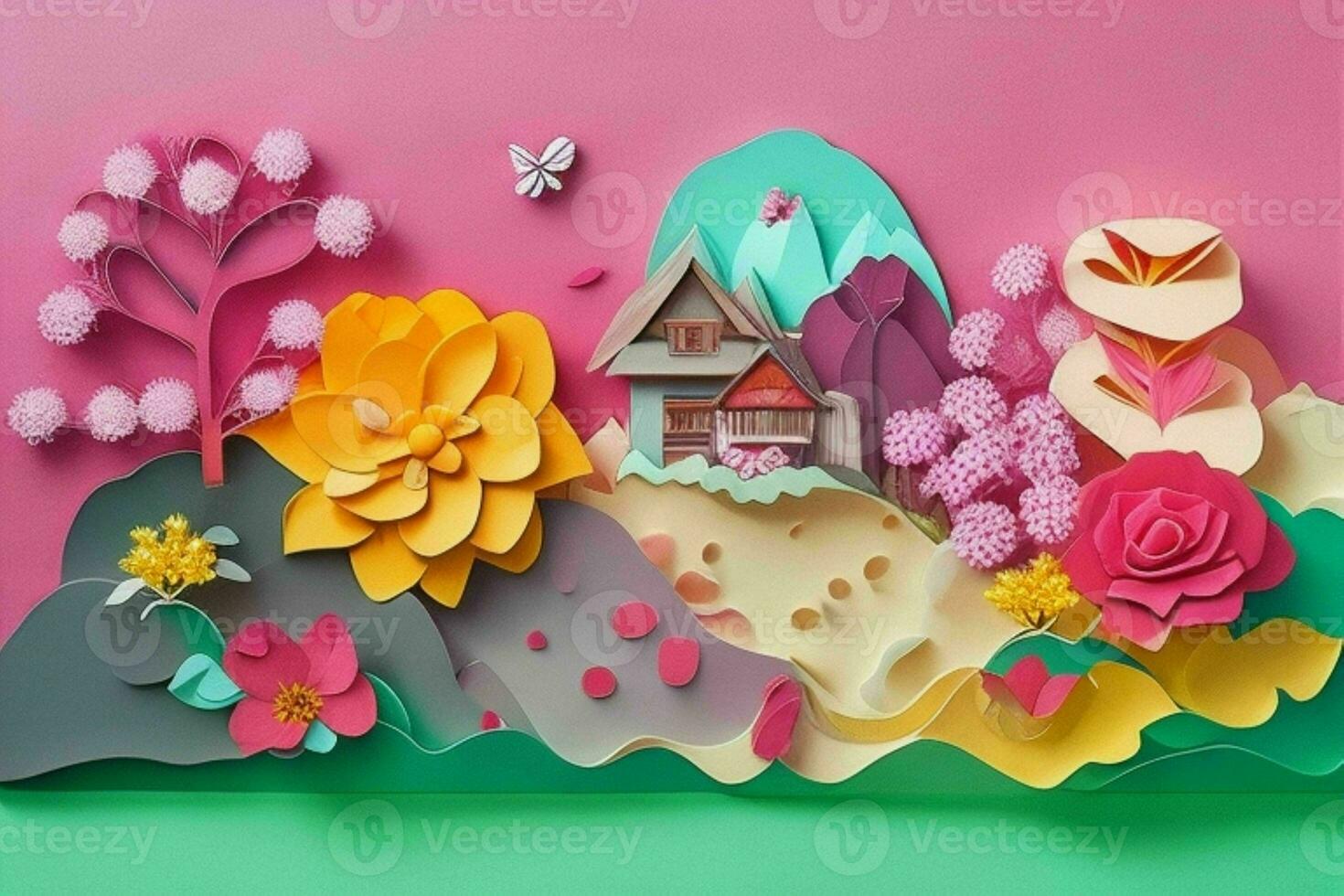 AI generated Colorful paper cut style flowers and leaves romantic scenery. Valentines Day. Mother's Day anniversary. Pro Photo