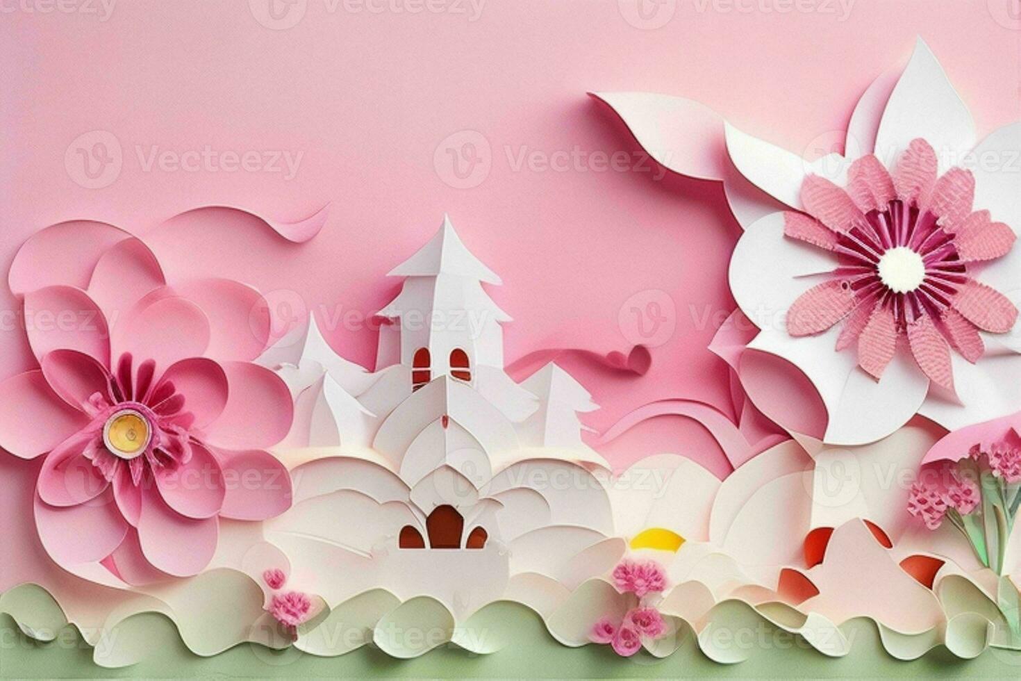 AI generated Colorful paper cut style flowers and leaves romantic scenery. Valentines Day. Mother's Day anniversary. Pro Photo