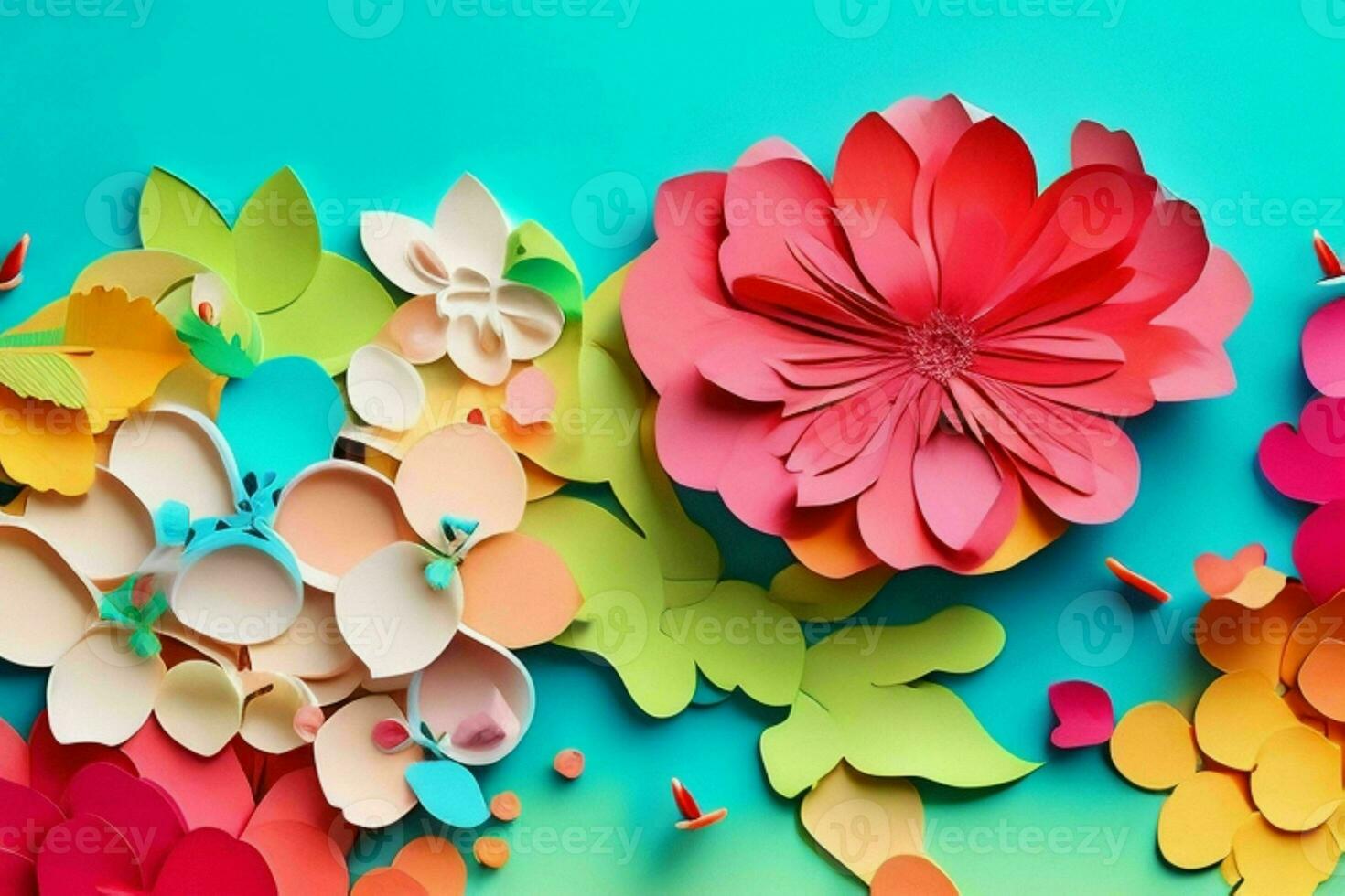 AI generated Colorful paper cut style flowers and leaves romantic scenery. Valentines Day. Mother's Day anniversary. Pro Photo