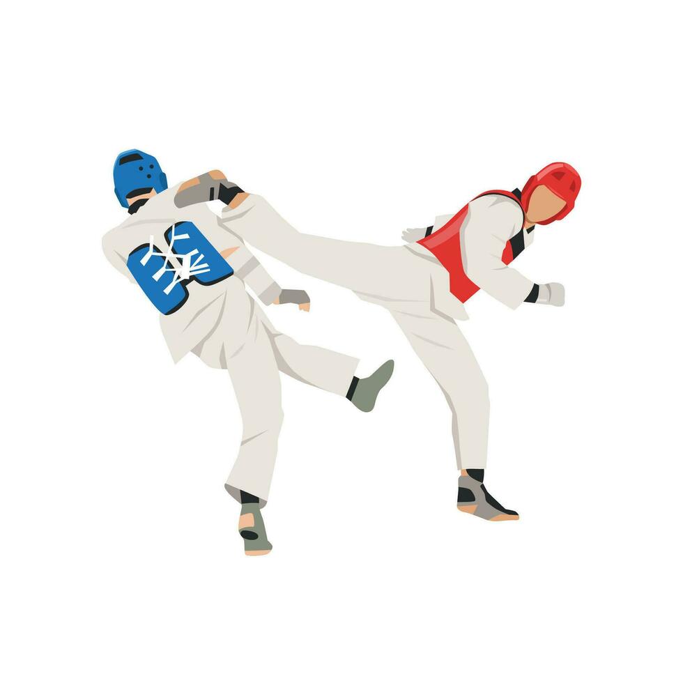 Fight between two taekwondo fighters. Sparring on training action. Self defense skills exercising concept. vector