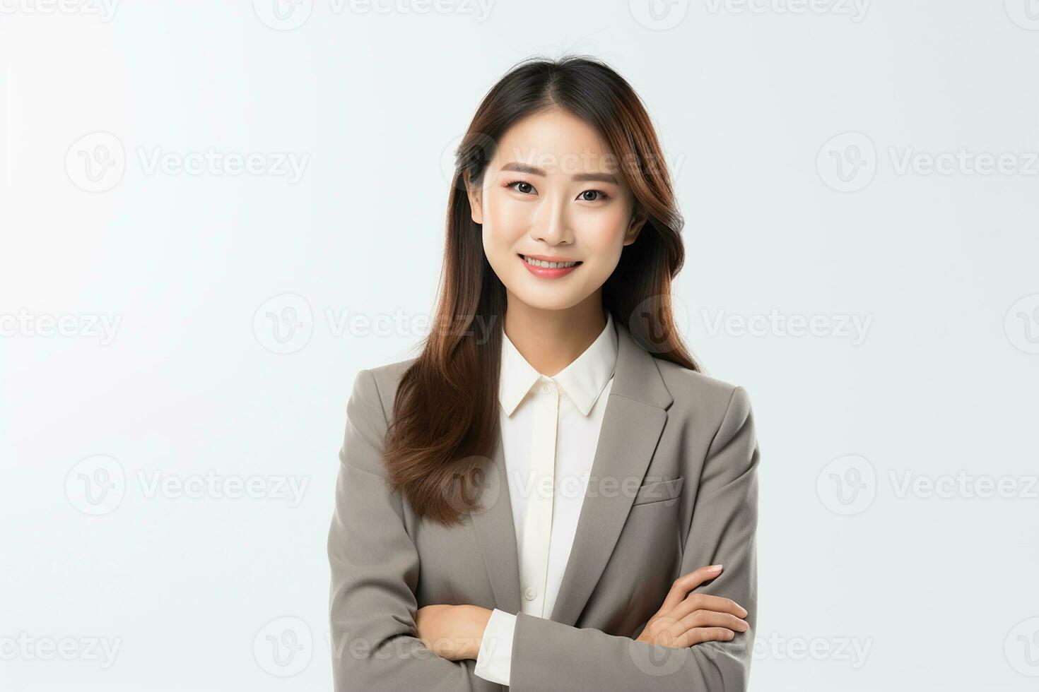 ai generado retrato de un hermosa joven asiático mujer sonriente en aislado antecedentes brazo cruzado generativo ai foto