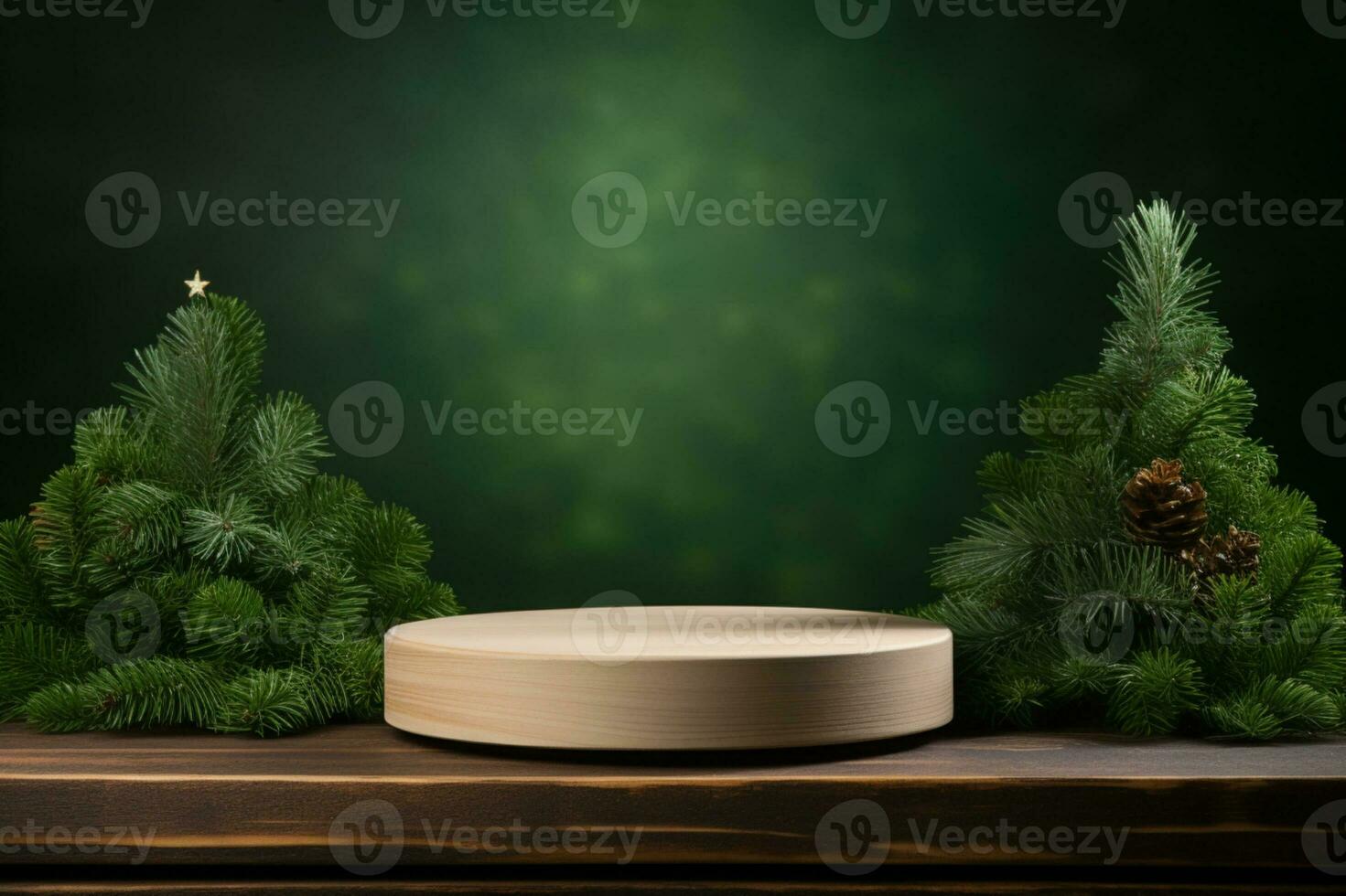 AI generated Christmas elegant and natural podium with tree stage display mockup with lightbranches of spruce pine photo