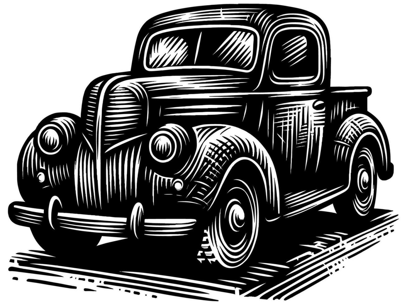 Retro Pick Up Truck Linocut vector