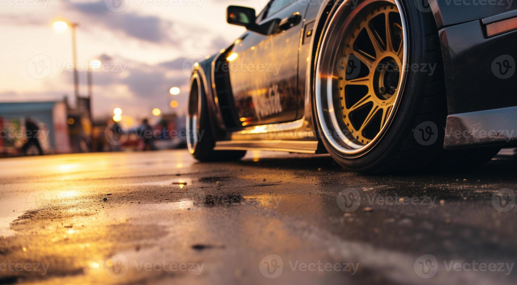 ai generado coche conducción en el camino, de cerca de un Deportes coche haciendo agotamiento en el calle, coche haciendo agotamiento, de cerca de coche foto