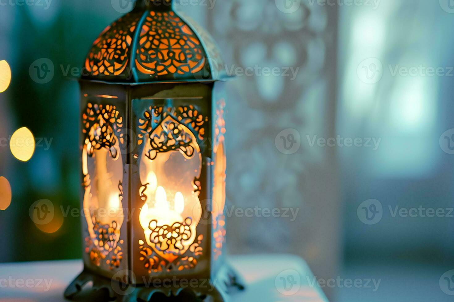 AI generated Ornamental Arabic lanterns. Glittering golden bokeh lights on the table photo