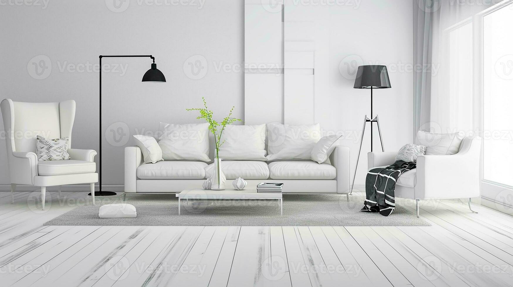 AI generated living room interior design with sofa minimal aesthetic 3d rendered photo