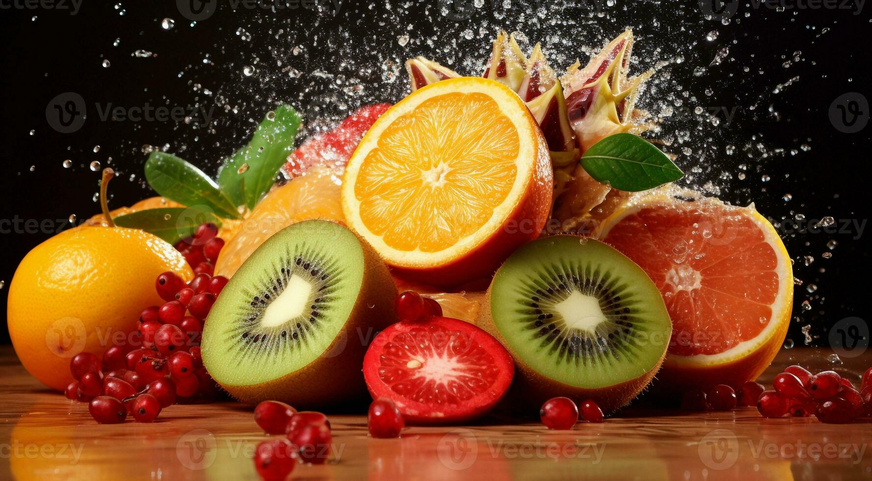 AI generated delicious colored fruits on colored background, wallpaper of fruits, sliced fruits on abstract background, fruits background photo