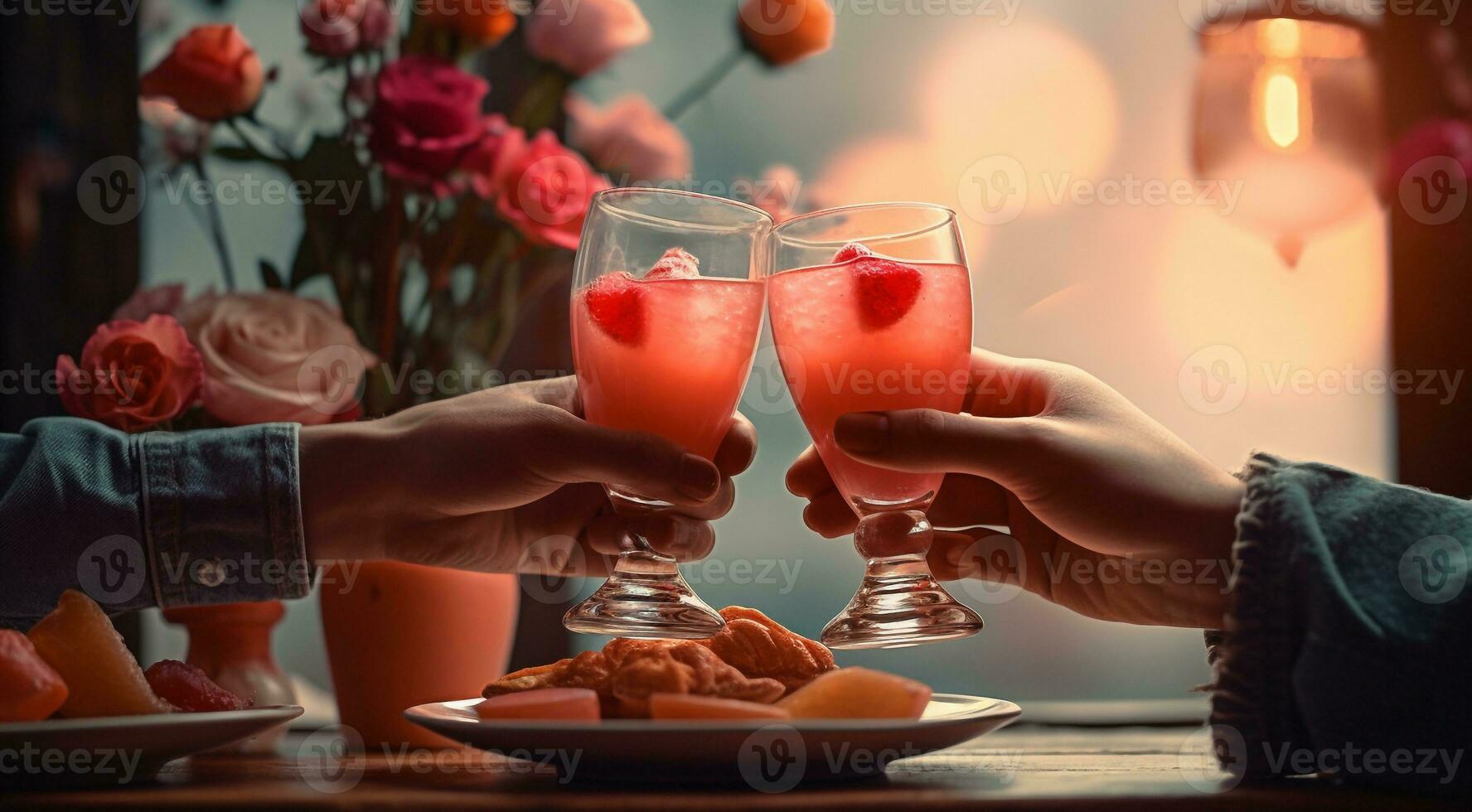 AI generated young couple holding a glass of wine in the restaurant, romantic scene in the restaurant photo