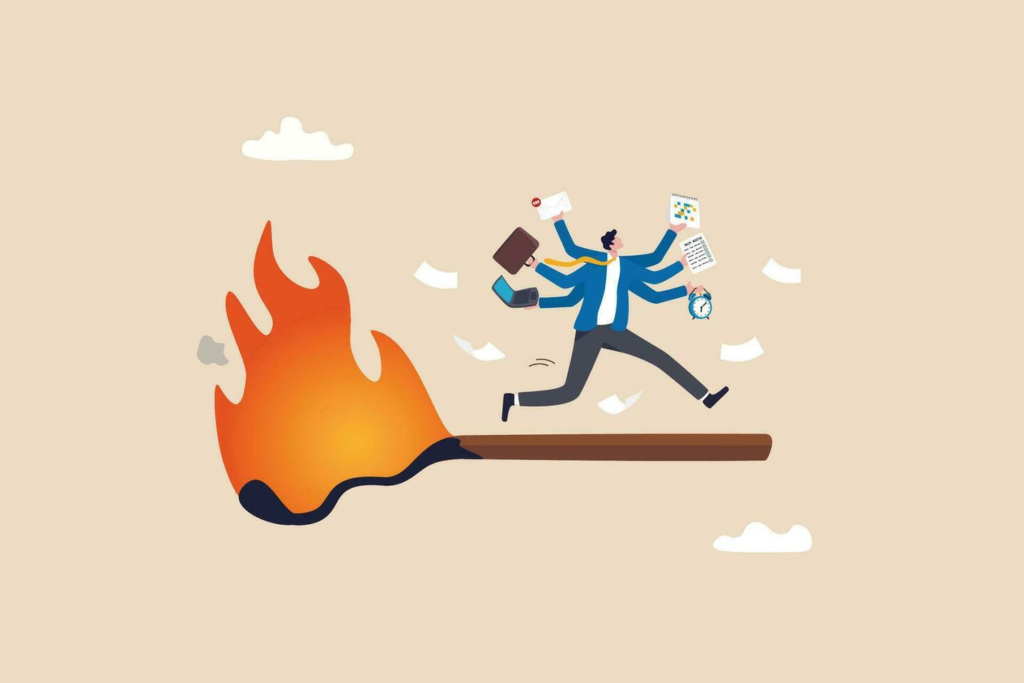 Toxic productivity, panic or burnout employee, overworked to finish work within timeline, hurry to complete multitasking or urgent work schedule concept, productive businessman on burning matchstick. vector