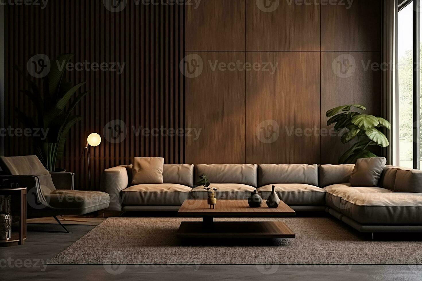 AI generated 3d rendered Minimal style Modern living room interior design with sofa photo