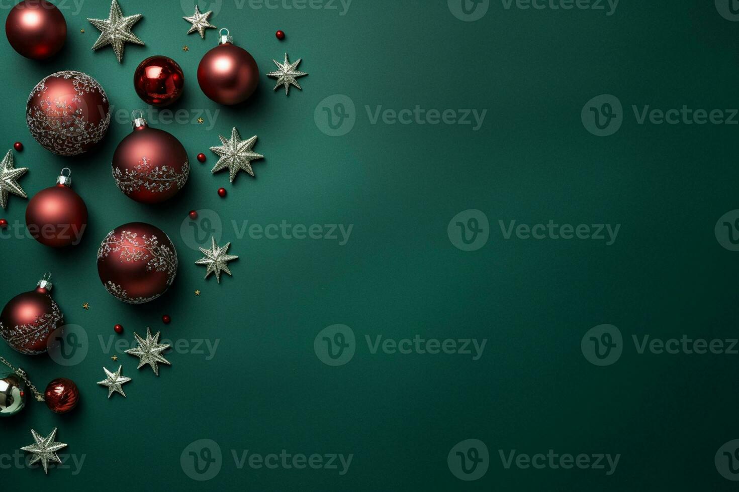 AI generated christmas holidays composition of fir tree branches with baubles and copy space photo