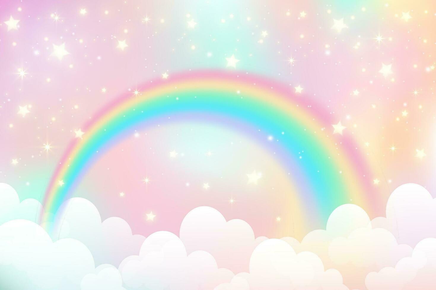 Holographic fantasy rainbow unicorn background with clouds. Pastel color sky. Magical landscape, abstract fabulous pattern. Cute candy wallpaper. Vector. vector