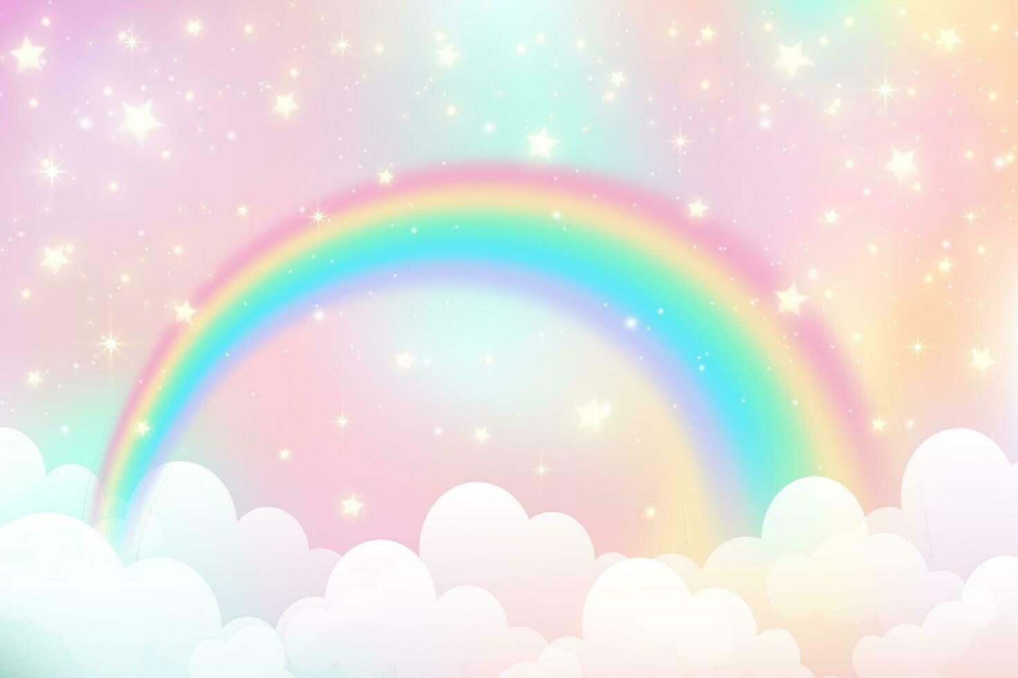 Fondo de unicornio arco iris de fantasía holográfica con nubes. cielo de color pastel. paisaje mágico, patrón abstracto fabuloso. lindo fondo de pantalla de dulces. vector. vector