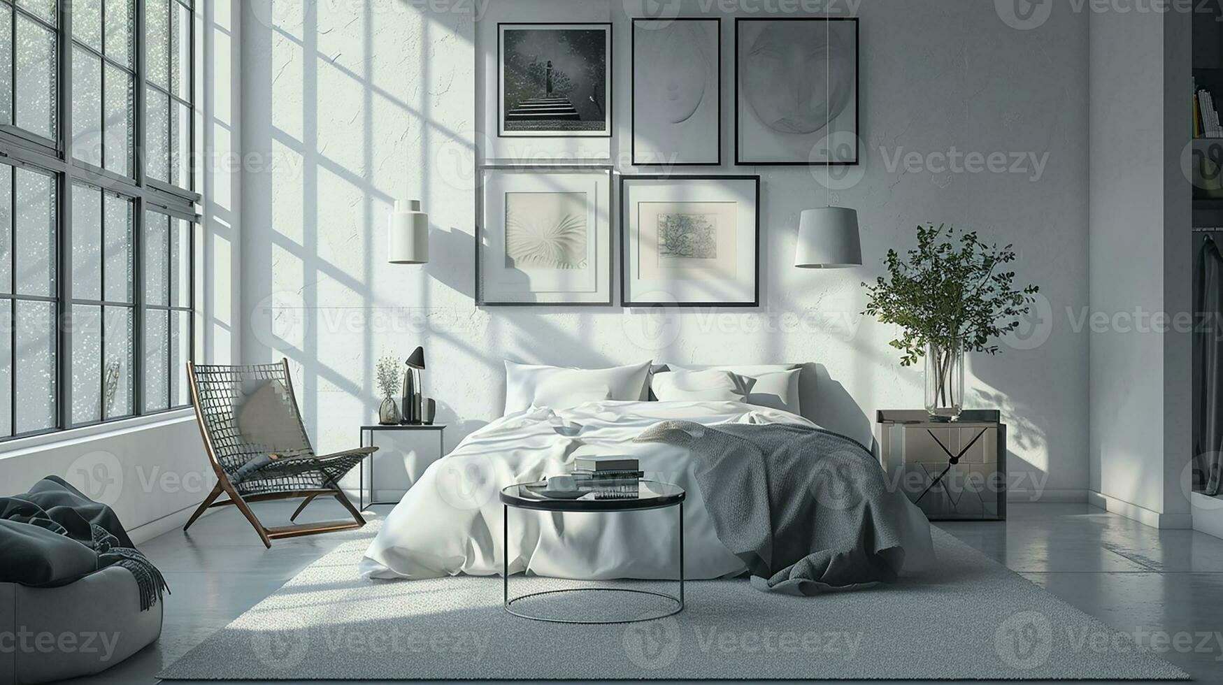 AI generated Bedroom interior design minimal aesthetic 3d rendered photo