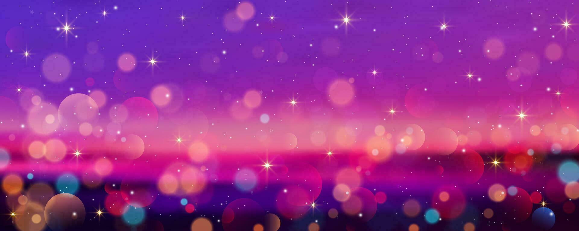 Purple background with bokeh and glitter. Golden glitter and stars sparkles on pinky night sky. Bright glow dreaming wallpaper. Vector illustration