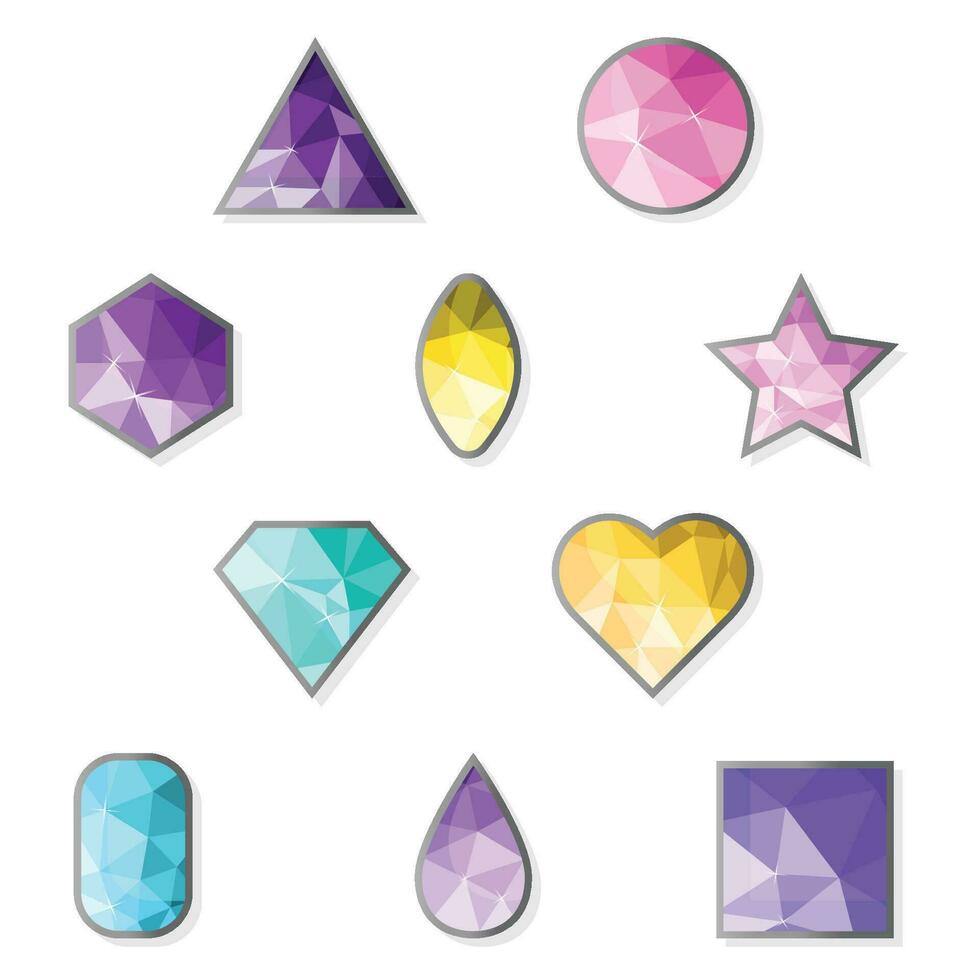 Collection of coloured shining diamonds. Stone gems. Jewels . Diamond icon. Gemstone symbol. vector