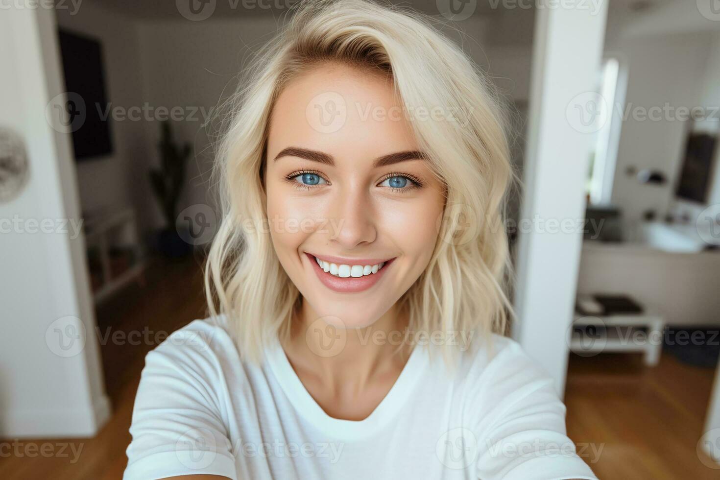 AI generated happy young woman taking a selfie generative AI photo