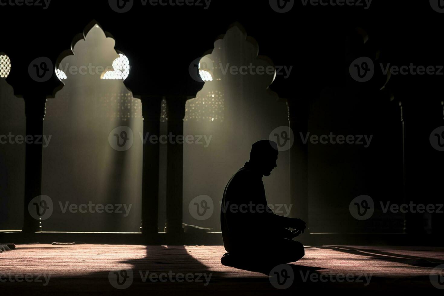 AI generated silhouette muslim man praying n the mosque photo