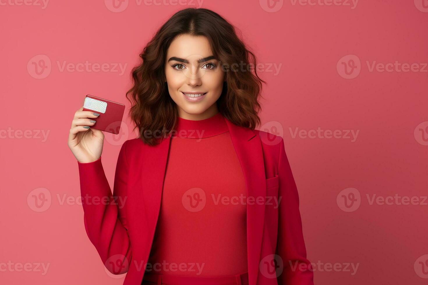 AI generated Portrait of a beautiful young woman with credit card on isolated background generative AI photo