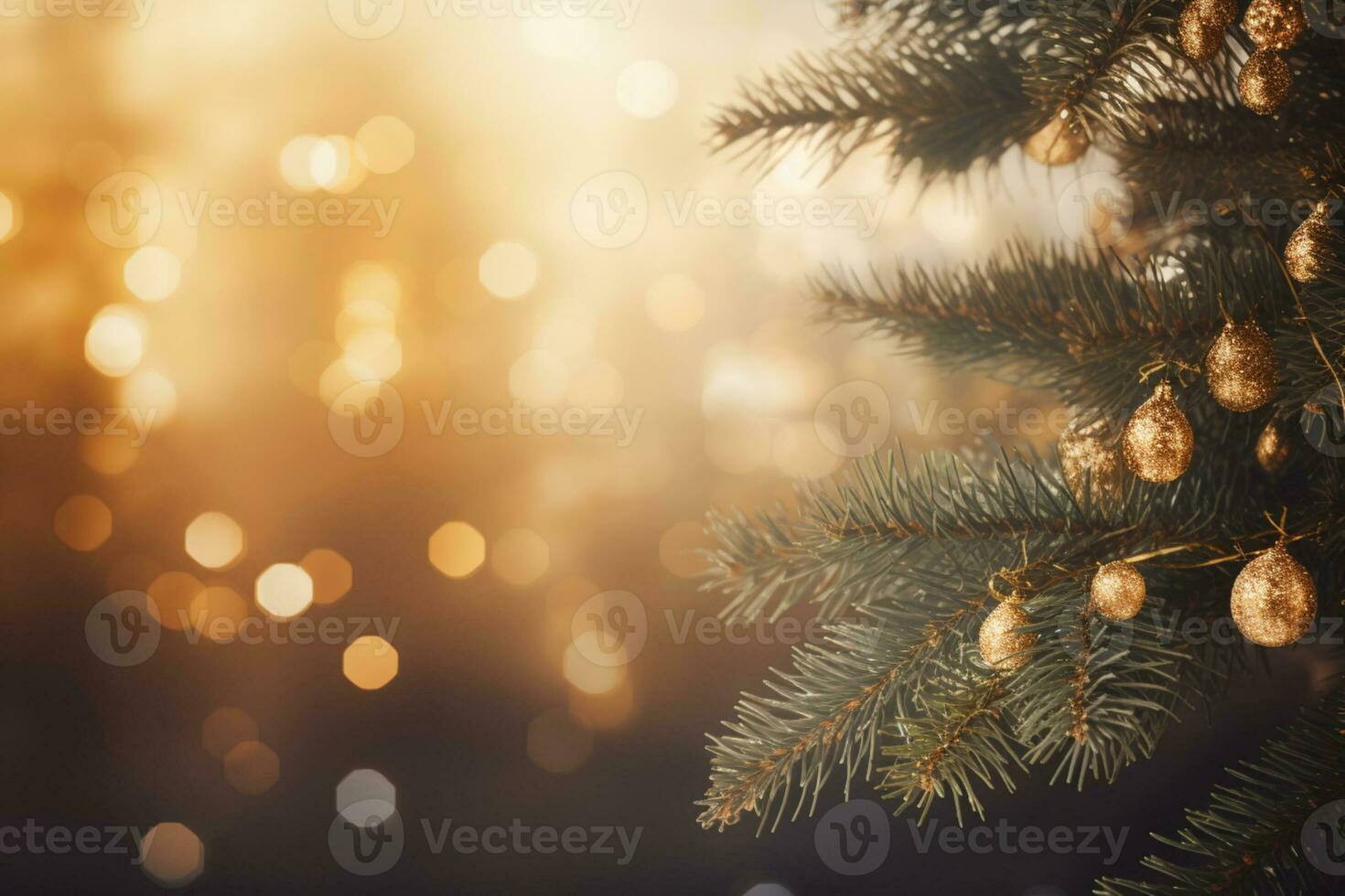 AI generated Snowflakes settling on pine branches under soft winter photo
