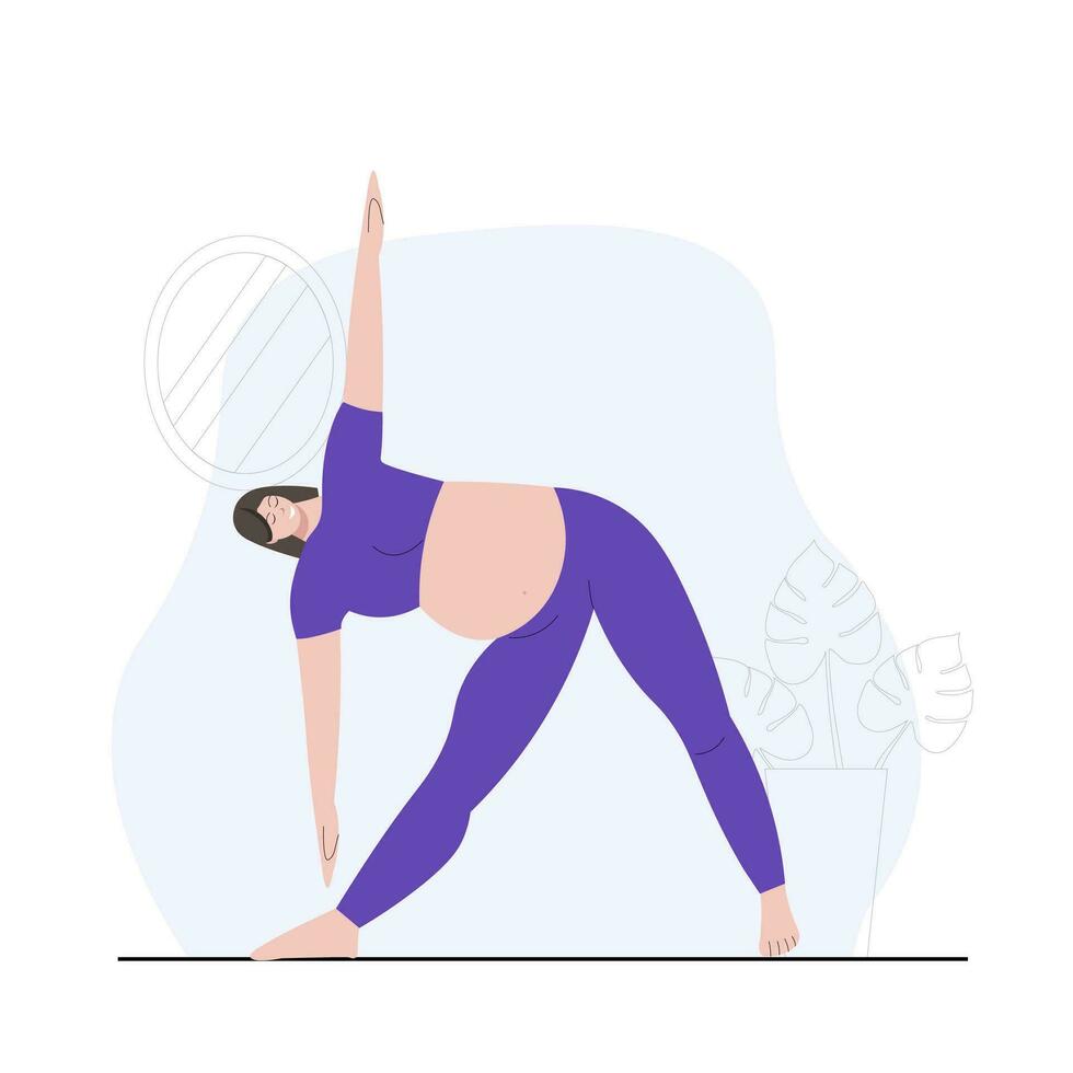 Pregnant woman in Triangle Pose or Utthita Trikonasana. Pregnancy health Vector illustration