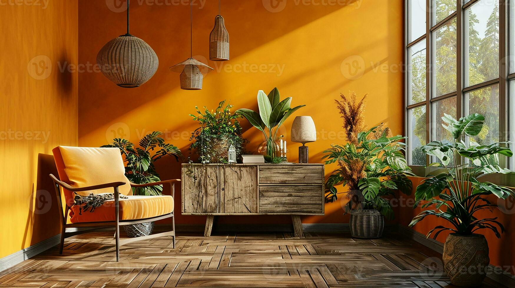 AI generated living room interior design with sofa minimal aesthetic 3d rendered photo