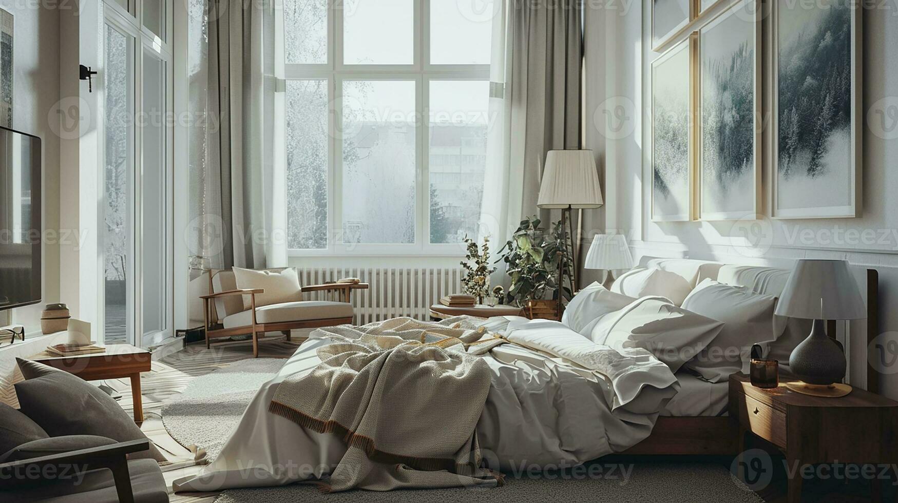 AI generated Bedroom interior design minimal aesthetic 3d rendered photo