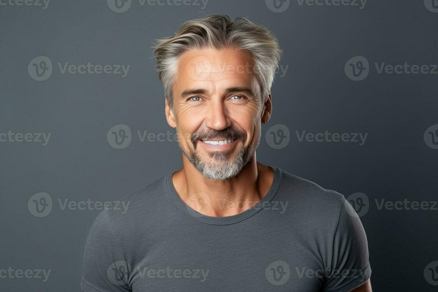 AI generated Successful businessman with crossed arms stands on a gray background photo