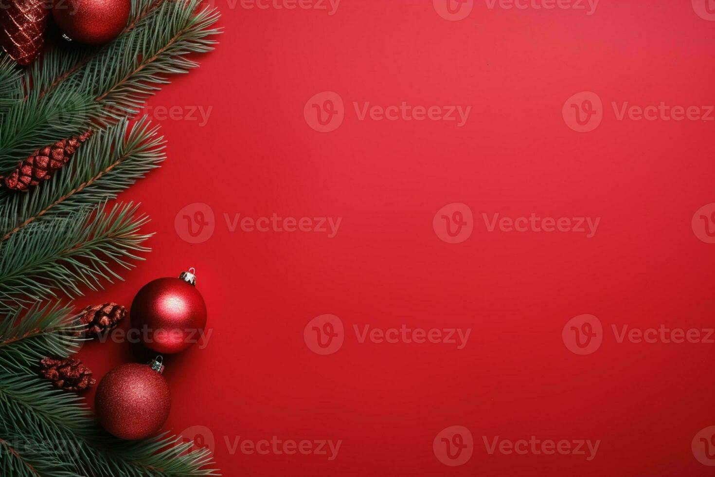 AI generated Christmas composition of fir tree branches with gifts on red wooden background photo