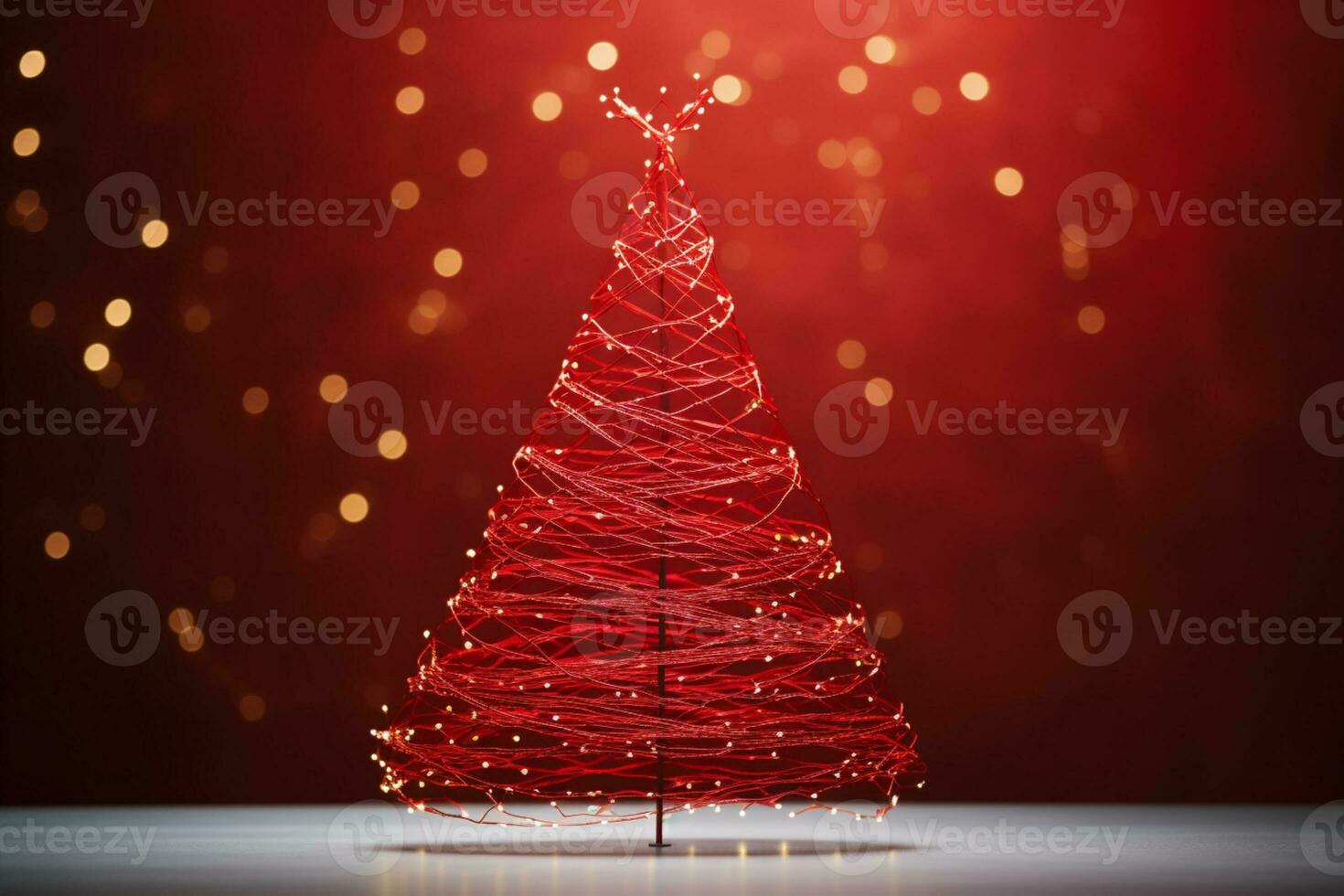 AI generated Red Christmas tree made up with paper clip and wire bokeh blurred background copy space photo