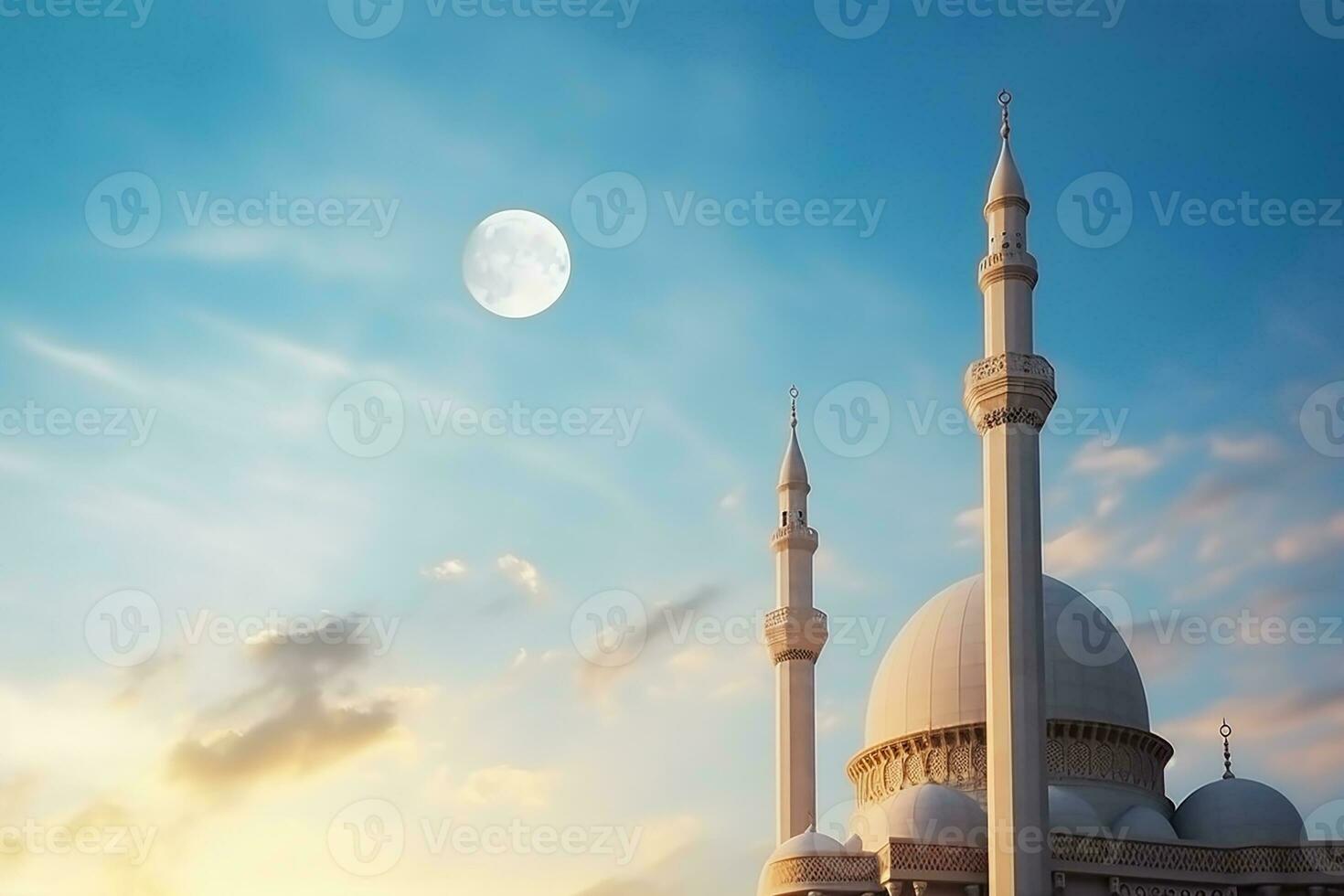 AI generated Ramadan Kareem. Tall minarets, mosque dome and crescent and shining star in the sky. Religious background. photo