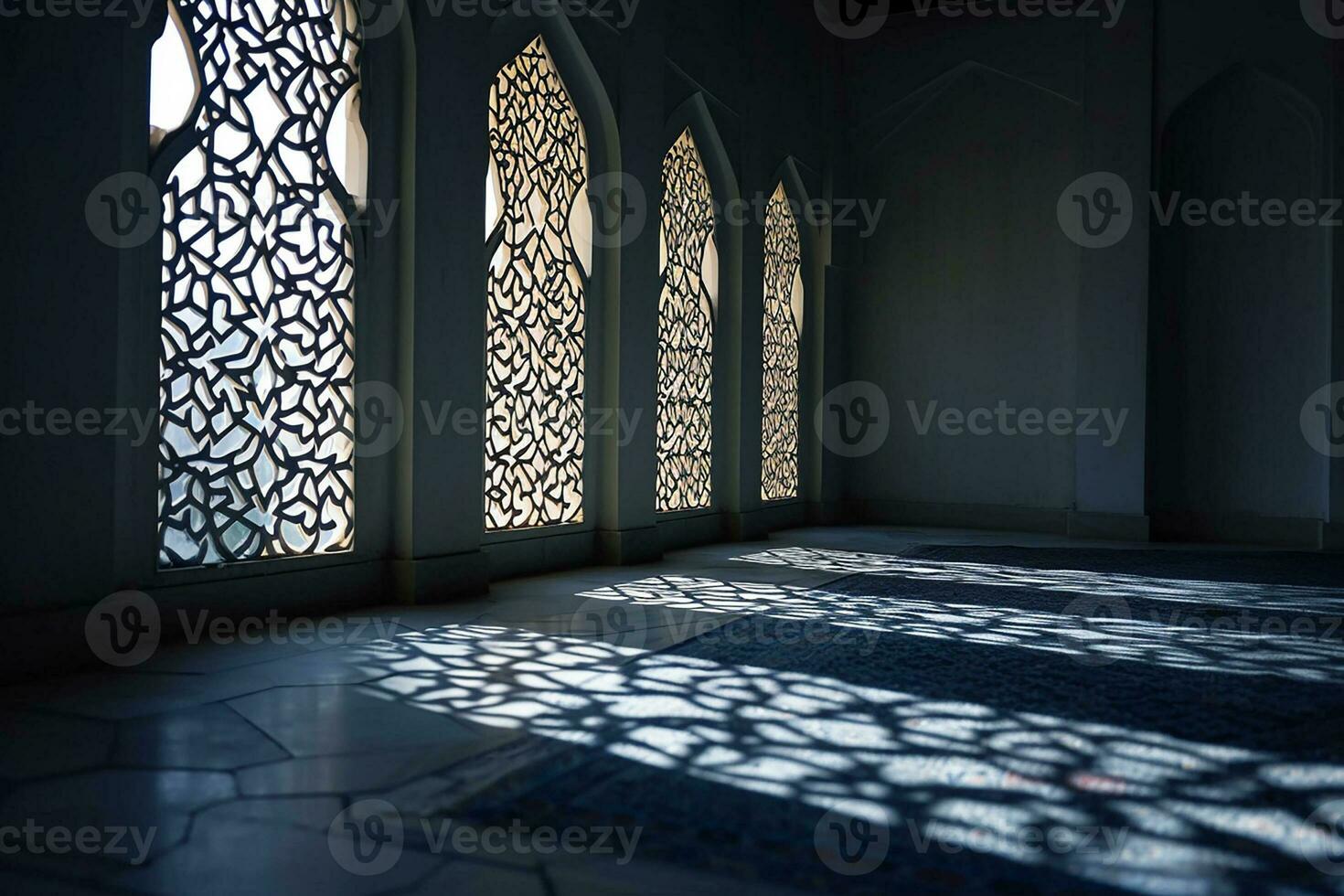 AI generated Islamic background light with mosque window ornament scene photo