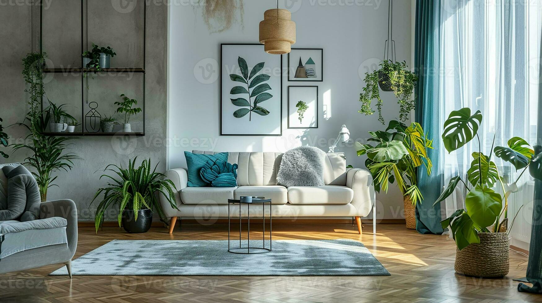 AI generated living room interior design with sofa minimal aesthetic 3d rendered photo