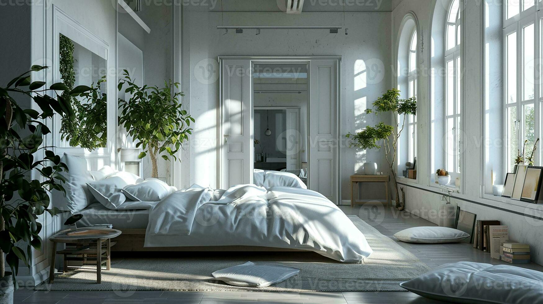 AI generated Bedroom interior design minimal aesthetic 3d rendered photo